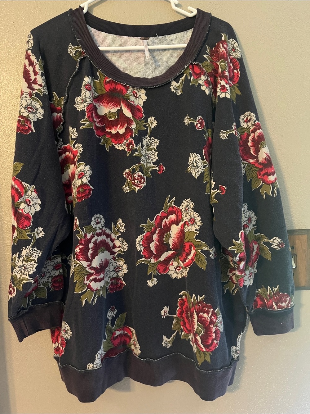 Free People Black Floral Scoopneck Sweater with Red & White Blooms
